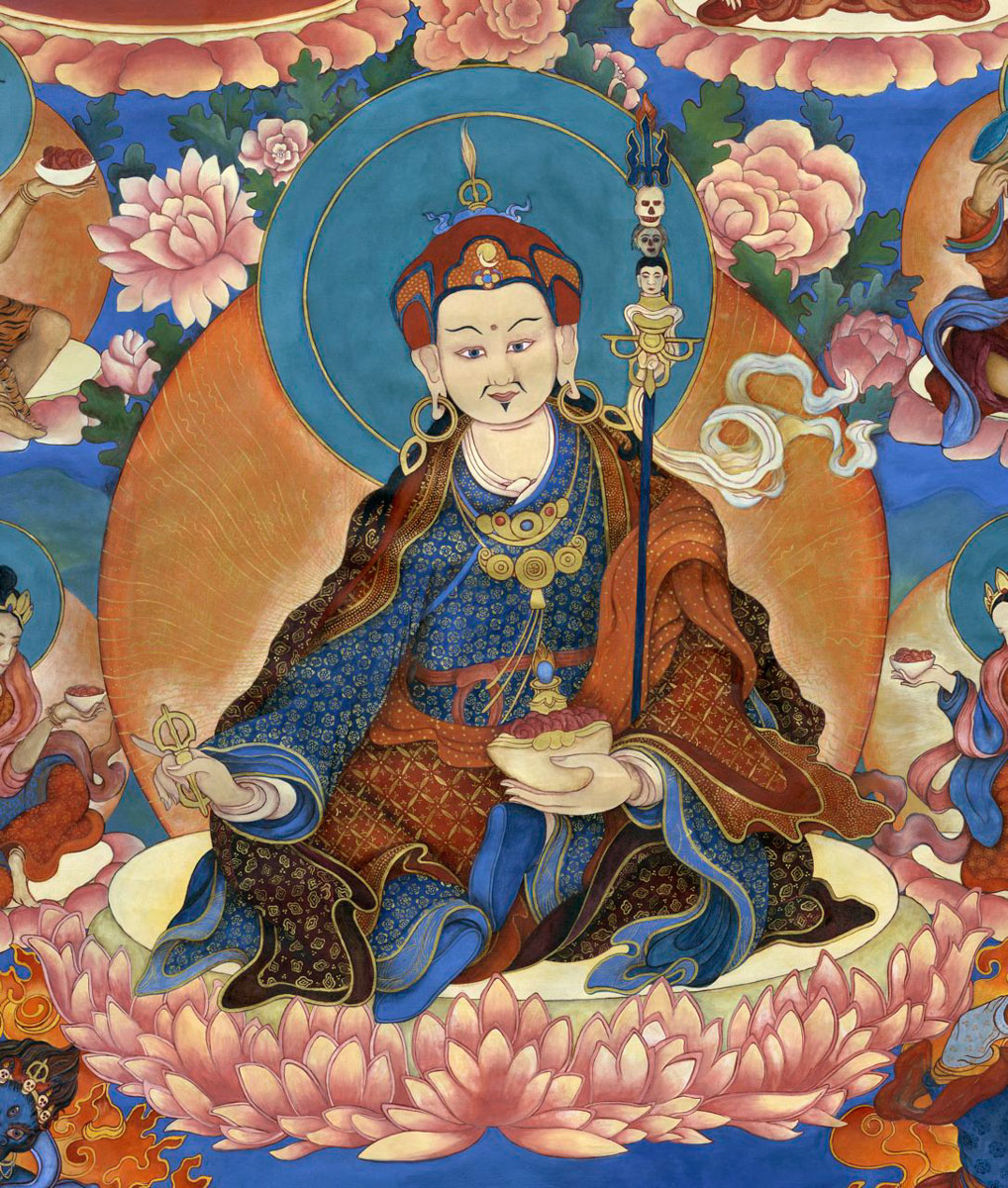 Padmasambhava is also called Guru Rimpoche, the founder of the Nyingmapa School of Tibetan Buddhism. All through his life he was a controversial figure. On at least two occasions his flouting of convention caused such outrage that people attempted to burn him at the stake – but he emerged unscathed each time. He is the archetype of the embodiment in one person all the accumulated knowledge, wisdom, love and power of the Buddhist tradition. He brought Buddhism to Tibet from India in the eighth century.